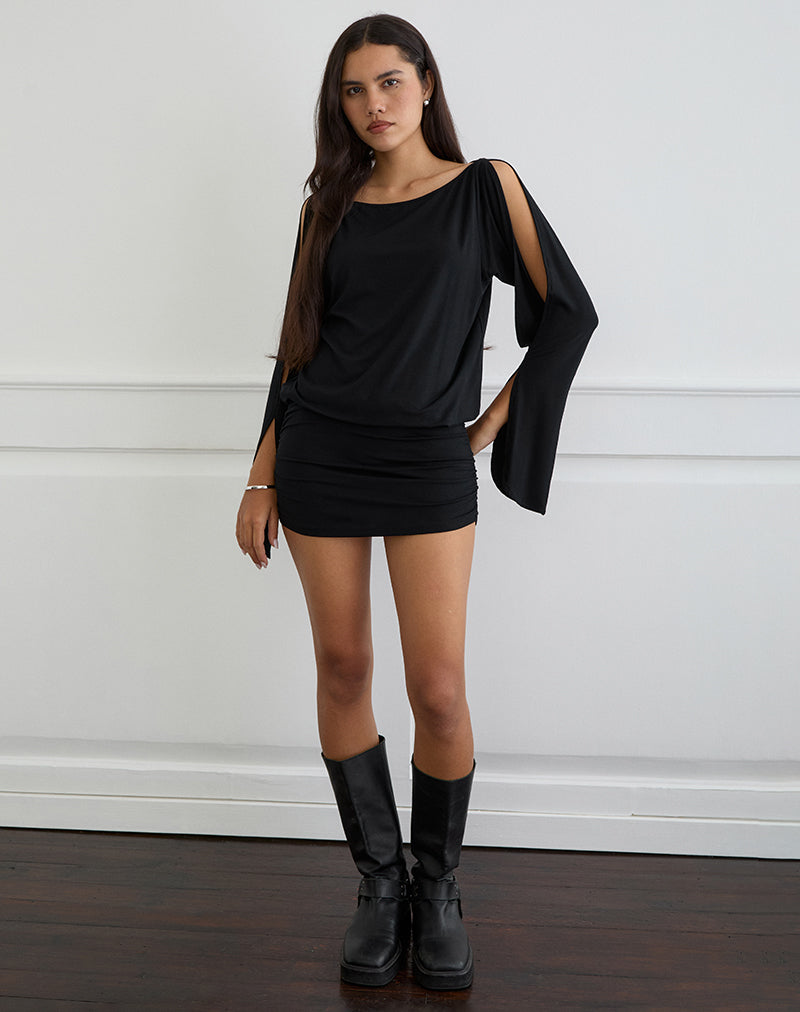 Afbeelding van Sybe Cut Batwing Sleeve Mini Dress in Zwart