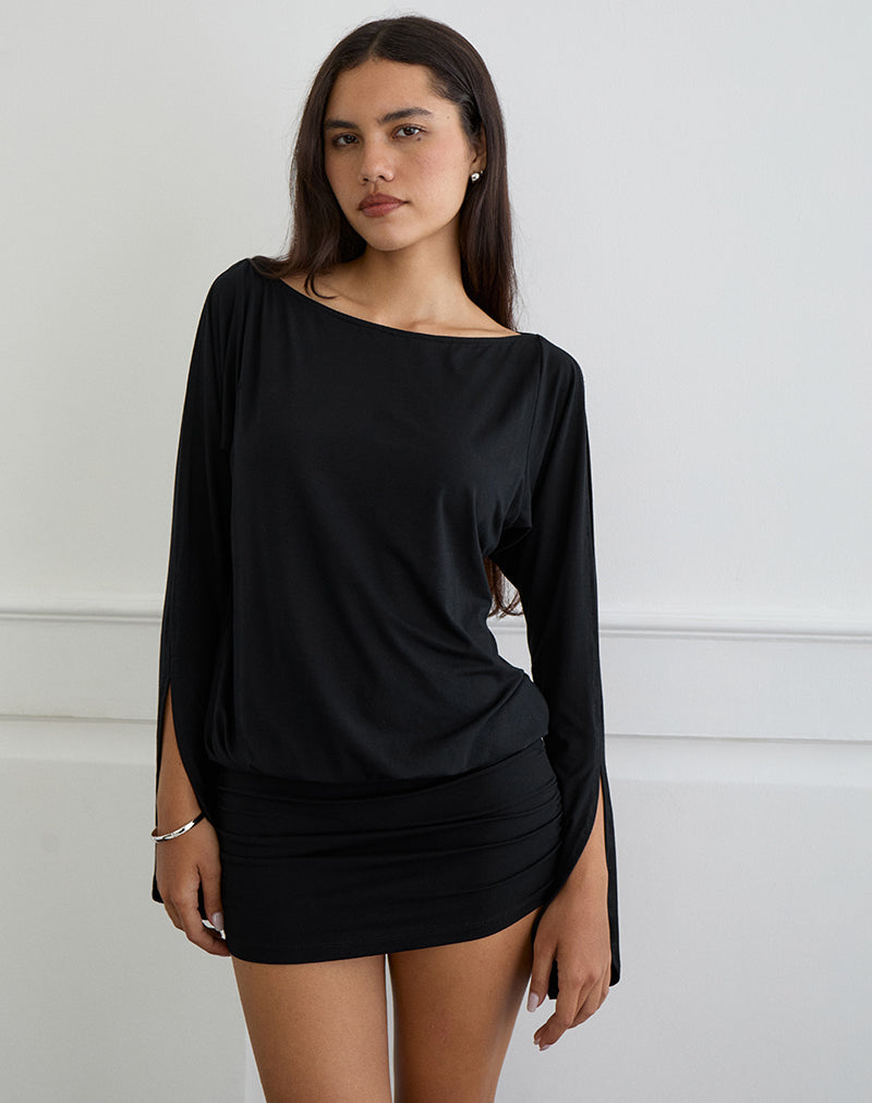 Sybe Cut Batwing Mouwen Mini Jurk in Zwart