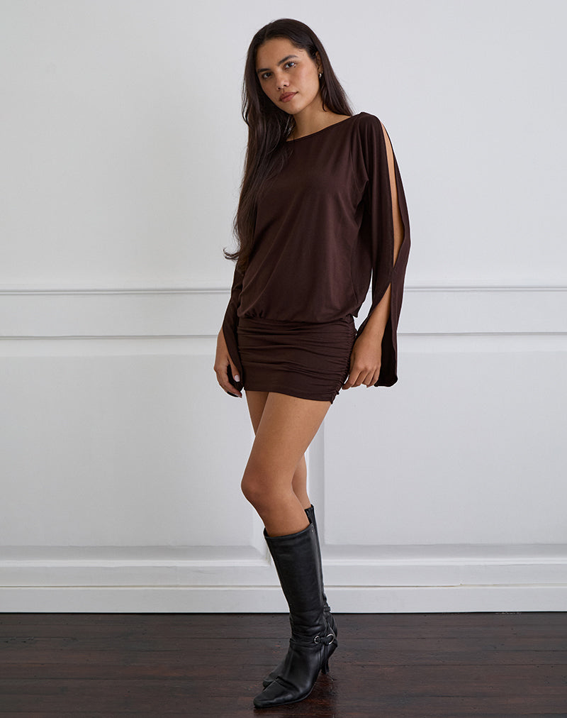 Sybe Mini Jurk met Lange Mouw in Bittere Chocolade