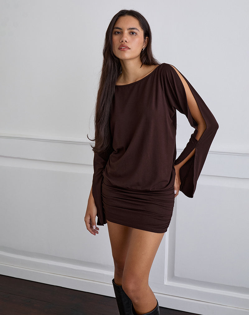 Sybe Mini Jurk met Lange Mouw in Bittere Chocolade