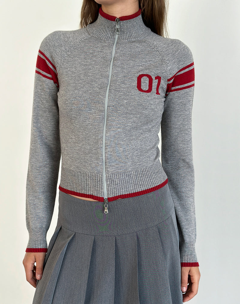 Tacita Zip Through Jas in Grijs met Rood Motief