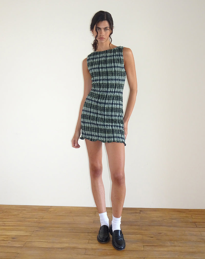Afbeelding van Takayi Mini Dress in Linnen Mono Check Green