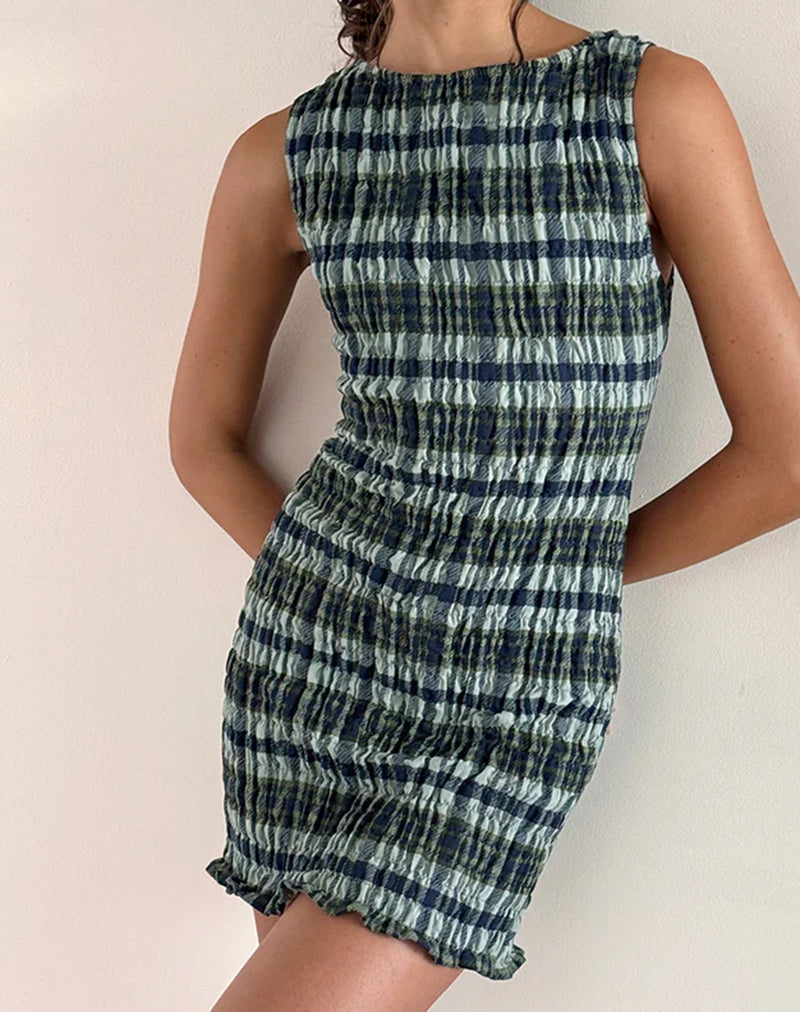 Afbeelding van Takayi Mini Dress in Linnen Mono Check Groen