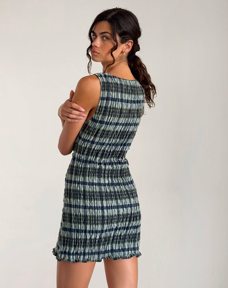 Afbeelding van Takayi Mini Dress in Linnen Mono Check Green