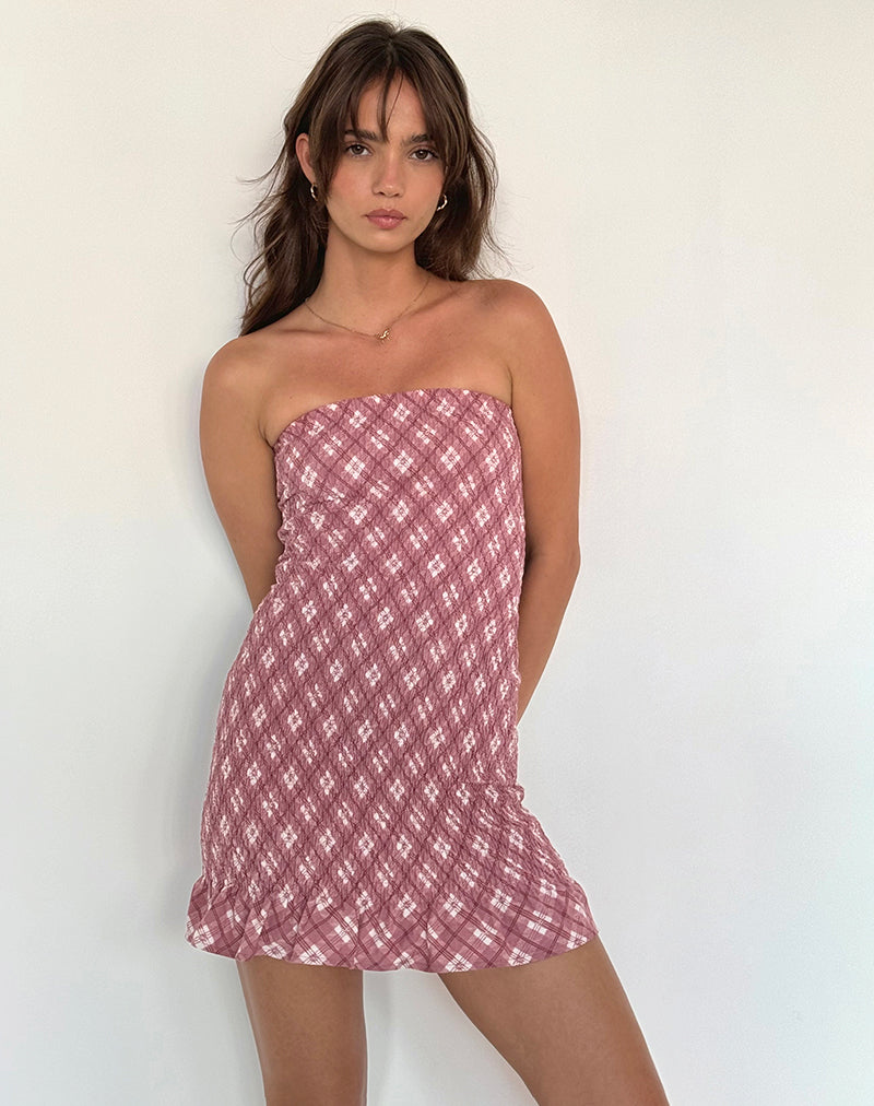 Takiyo bandeau mini jurk in roze ruitmotief