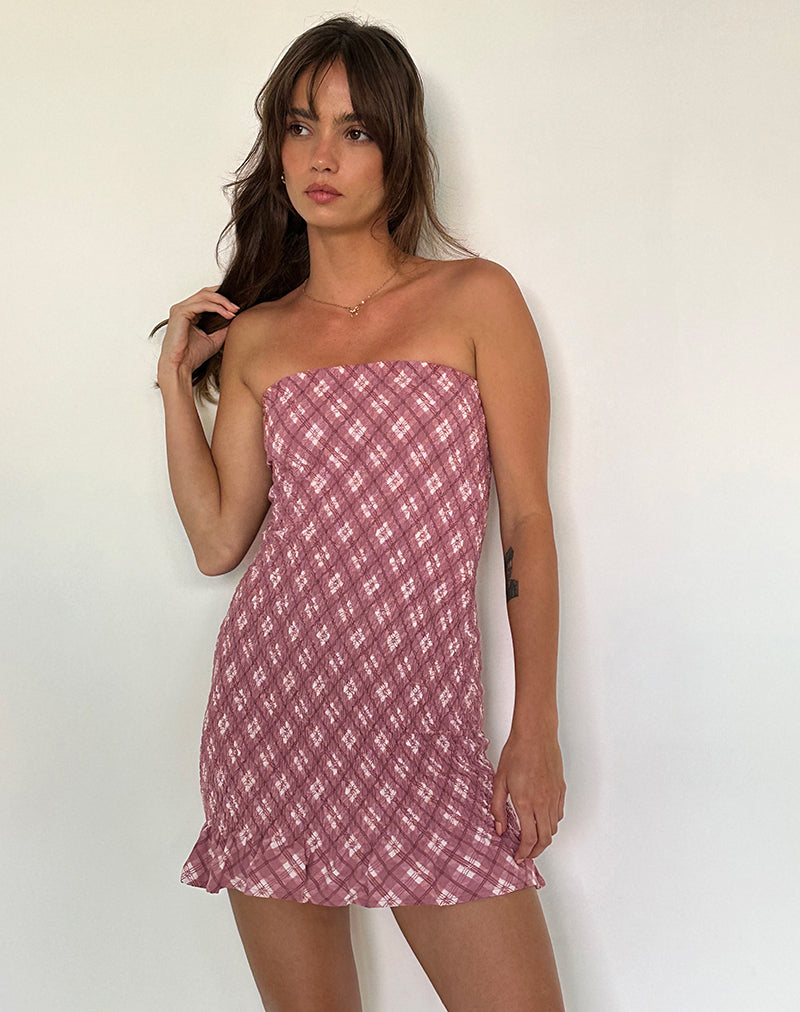 Afbeelding van Takiyo Bandeau Mini Jurk in Roze Ruit