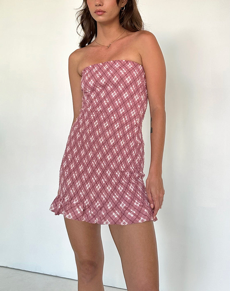 Takiyo bandeau mini jurk in roze ruitmotief