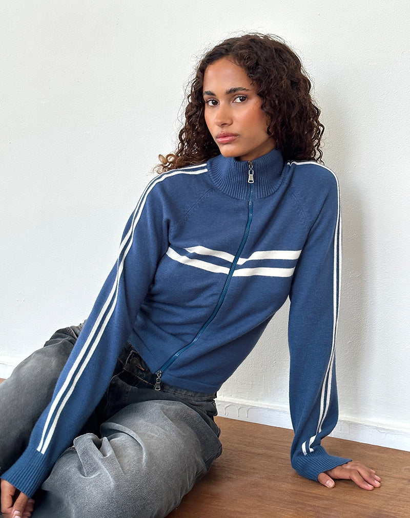 Afbeelding van Talisa Sportief Rits Door Jasje In Navy Met Ivoren Strepen