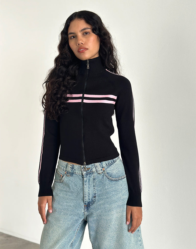 Afbeelding van Talisa Zip Through Jas in Zwart met Roze Streep
