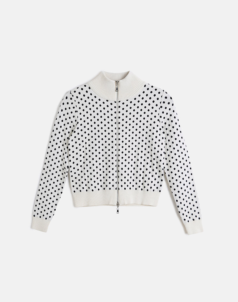 Afbeelding van Talisa Zip Through Knit Jacket in Tiny Polka Ivory