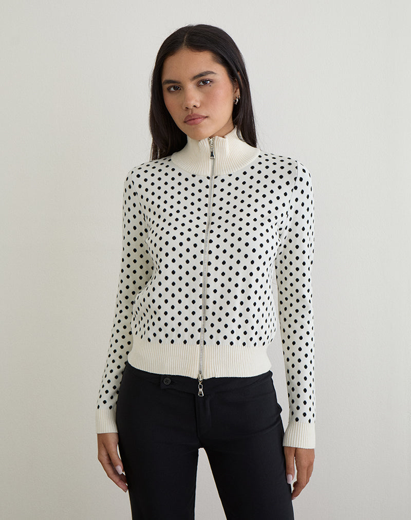 Afbeelding van Talisa Zip Through Knit Jacket in Tiny Polka Ivory