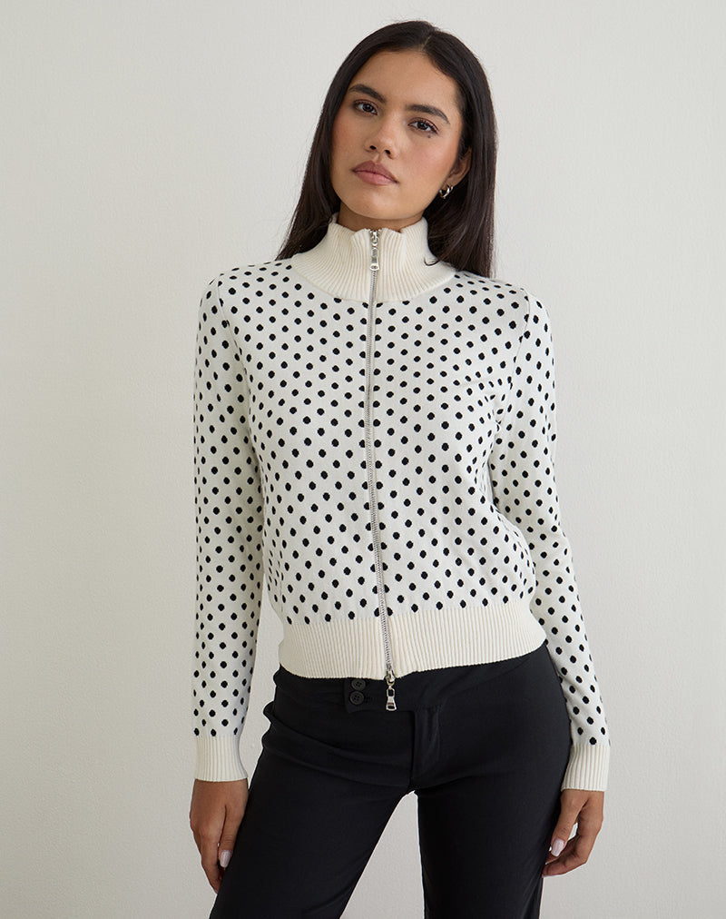 Talisa Zip Through Knit Jas in Tiny Polka Ivory