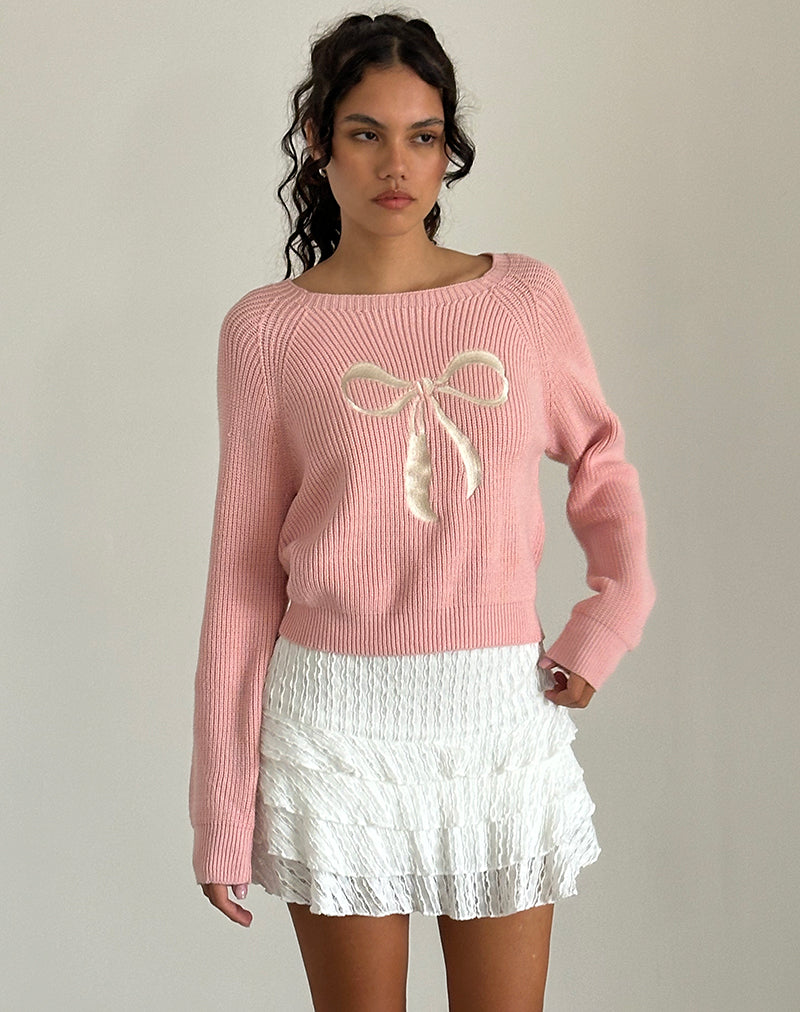 Tami trui in gebreid roze met wit strikborduursel