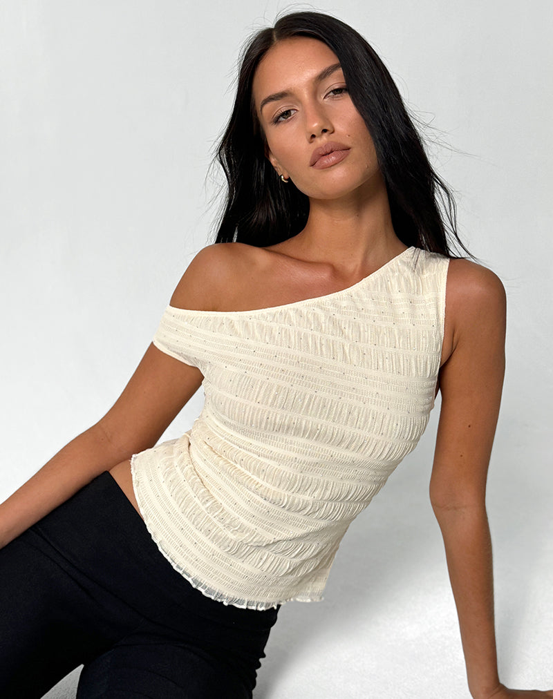 Afbeelding van Tamia Asymmetrische Top in Pailletten Mesh Ivoor