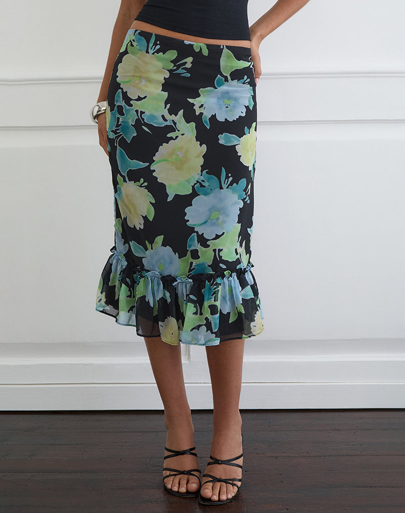 Afbeelding van Tarla midi-rok in zwarte chiffon met kristallen bloemenprint