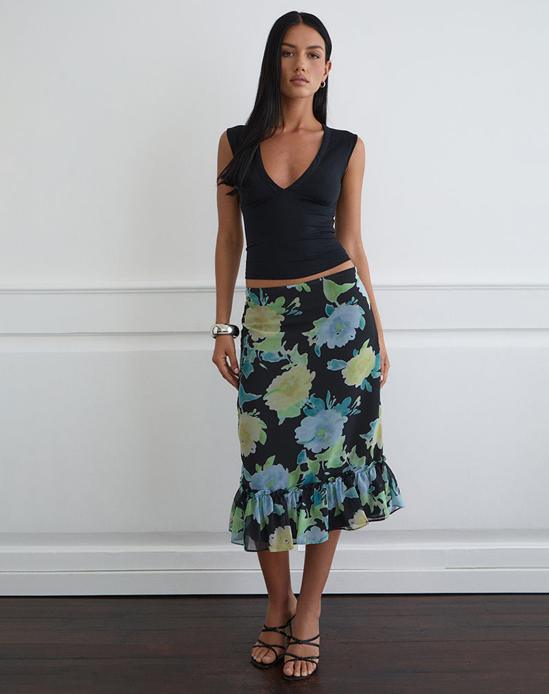 Tarla midi-rok van zwarte chiffon met kristallen bloemenprint