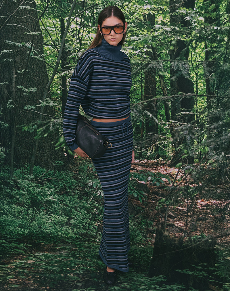 Afbeelding van Tarmina maxi-rok in gebreide streepjes, blauw en grijs