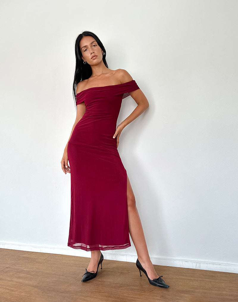 Afbeelding van Tarna Bardot Maxi Dress in Mesh Bourgondië
