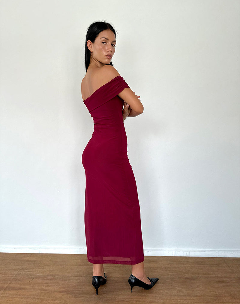 Tarna Bardot Maxi Dress in Mesh Bourgondië