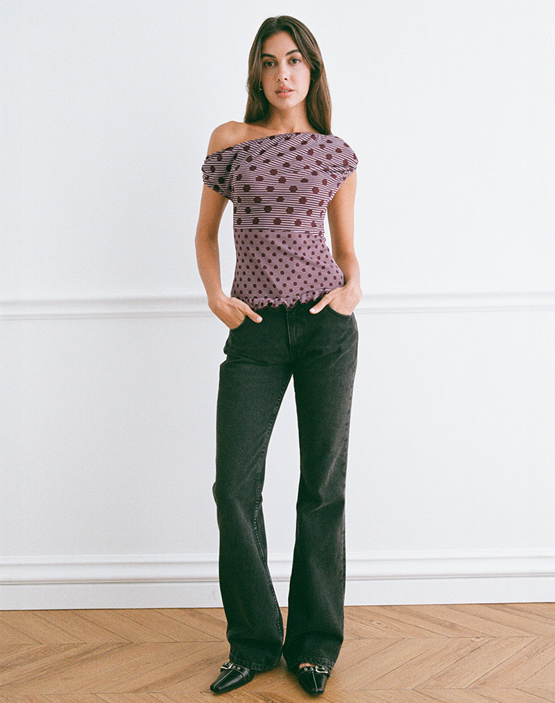 Afbeelding van Tarya Asymmetrische Top in Stripe Polka Plum