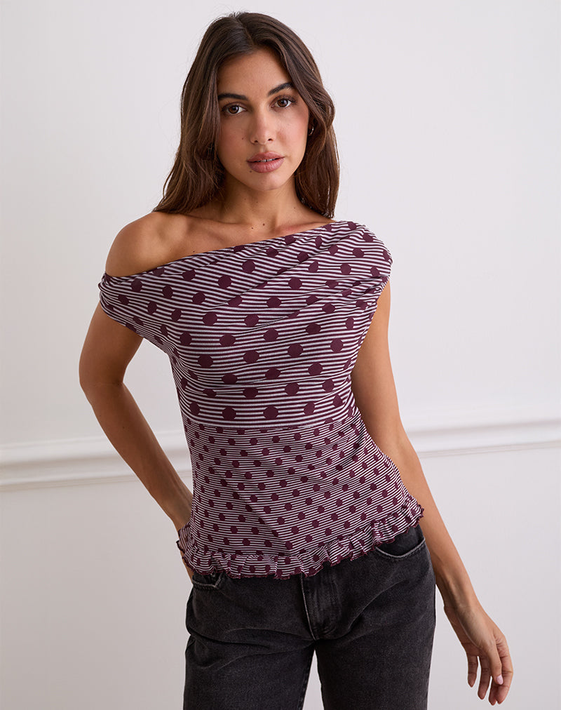 Tarya Asymmetrische Top in Stripe Polka Plum
