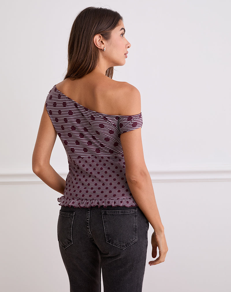Afbeelding van Tarya Asymmetrische Top in Stripe Polka Plum
