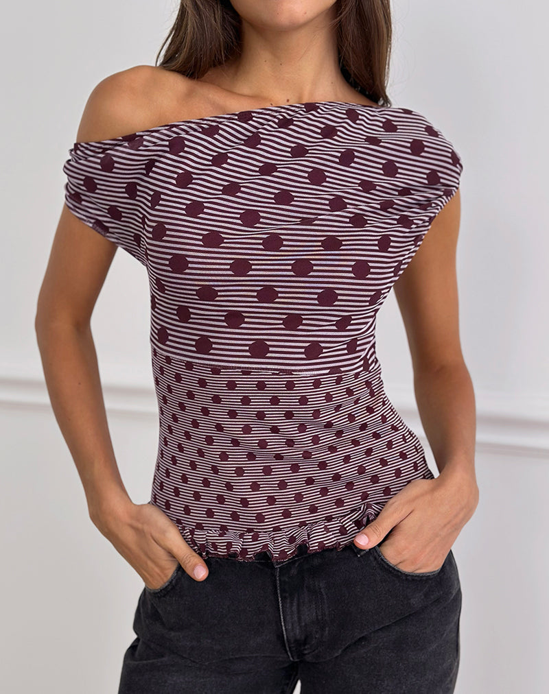 Tarya Asymmetrische Top in Stripe Polka Plum