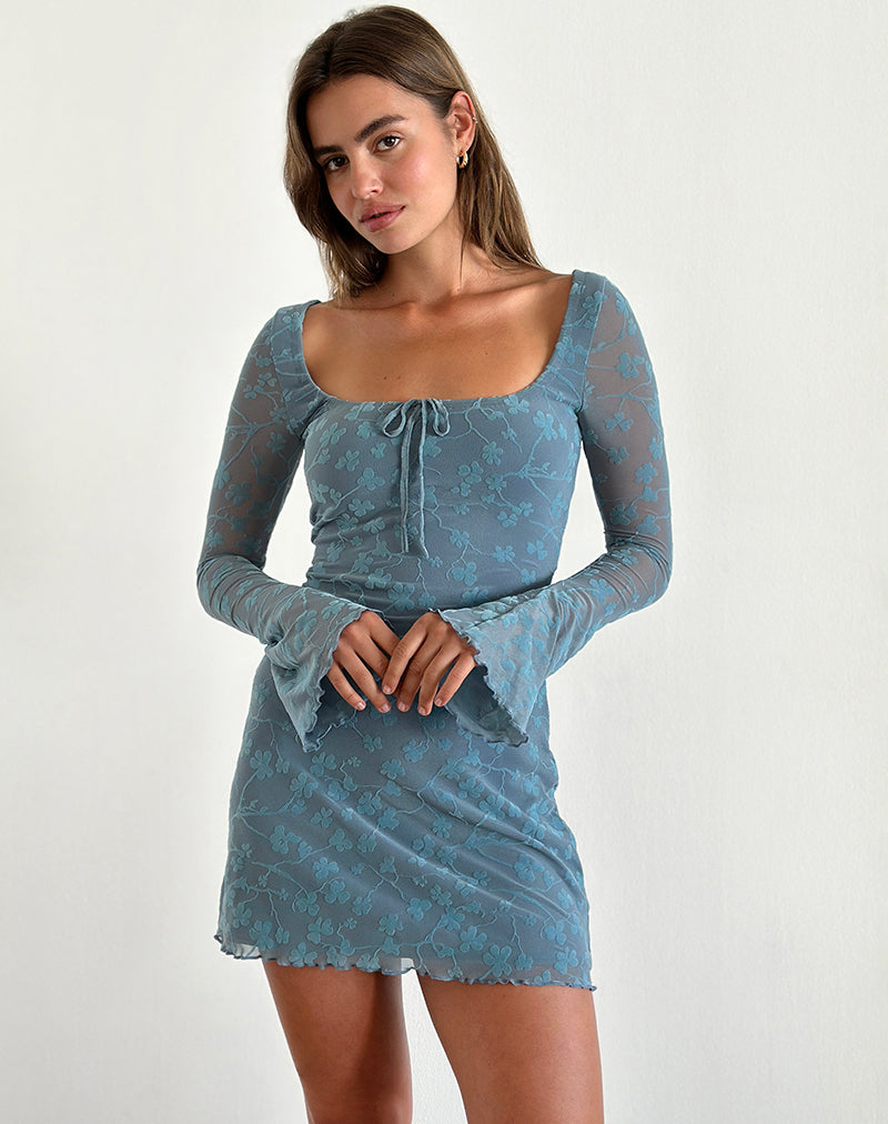 Tatyana Mini Jurk in Grunge Bloemen Blauw Grijs