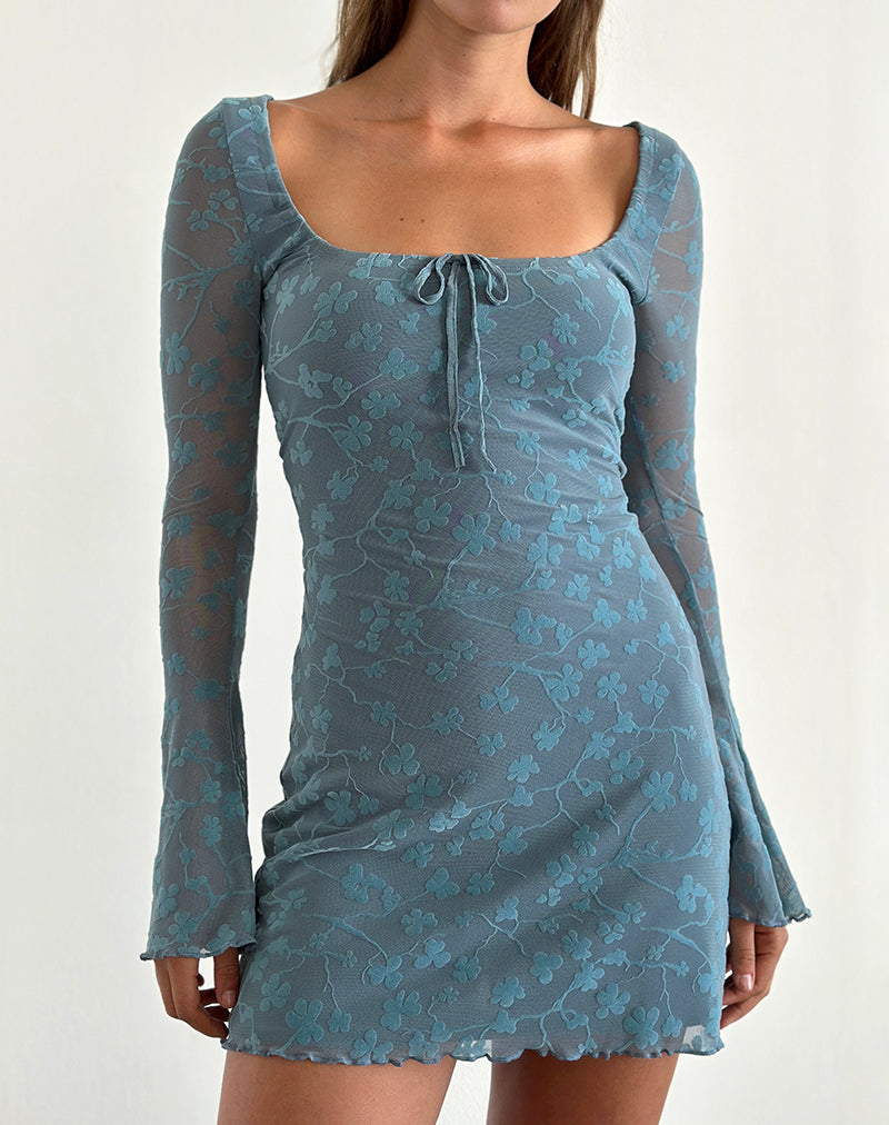 Afbeelding van Tatyana Mini Jurk in Grunge Bloemen Blauw Grijs
