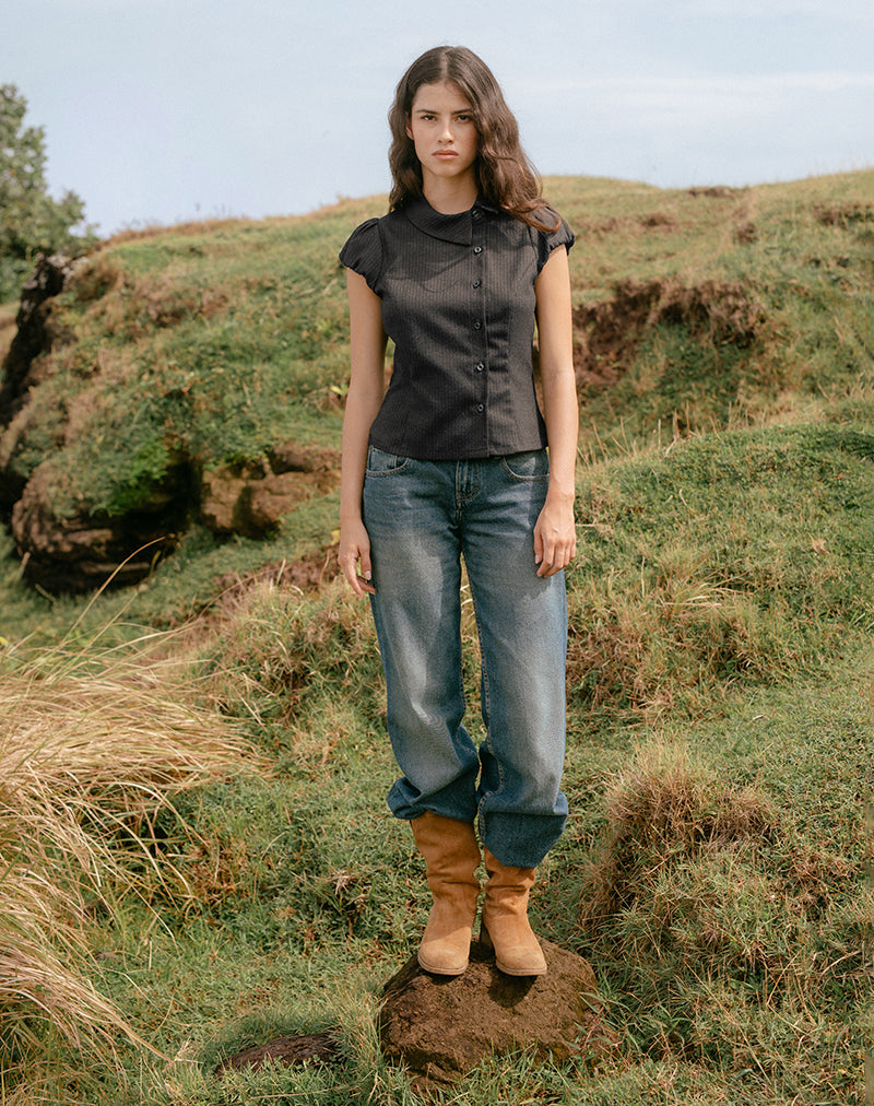 Afbeelding van Telese asymmetrisch overhemd in donkergrijs met dunne streepjes