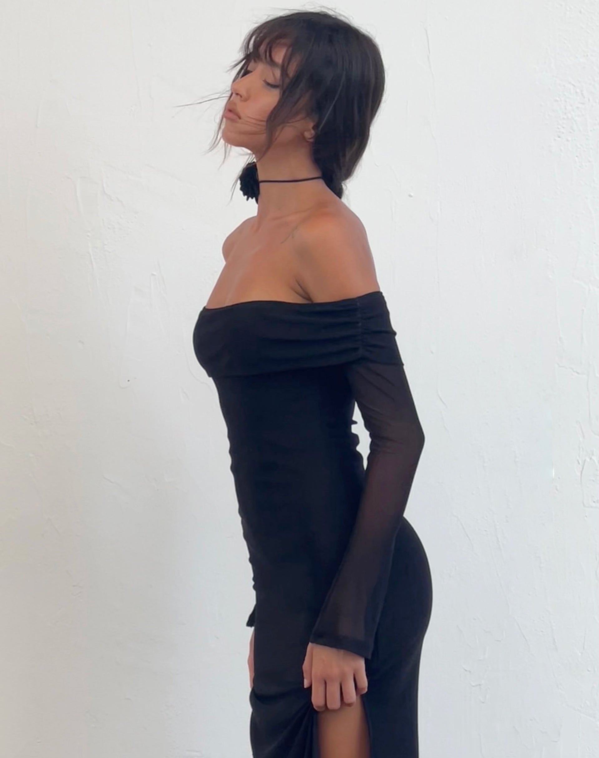 Afbeelding van Terika Bardot Maxi Dress met lange mouwen in Mesh Zwart