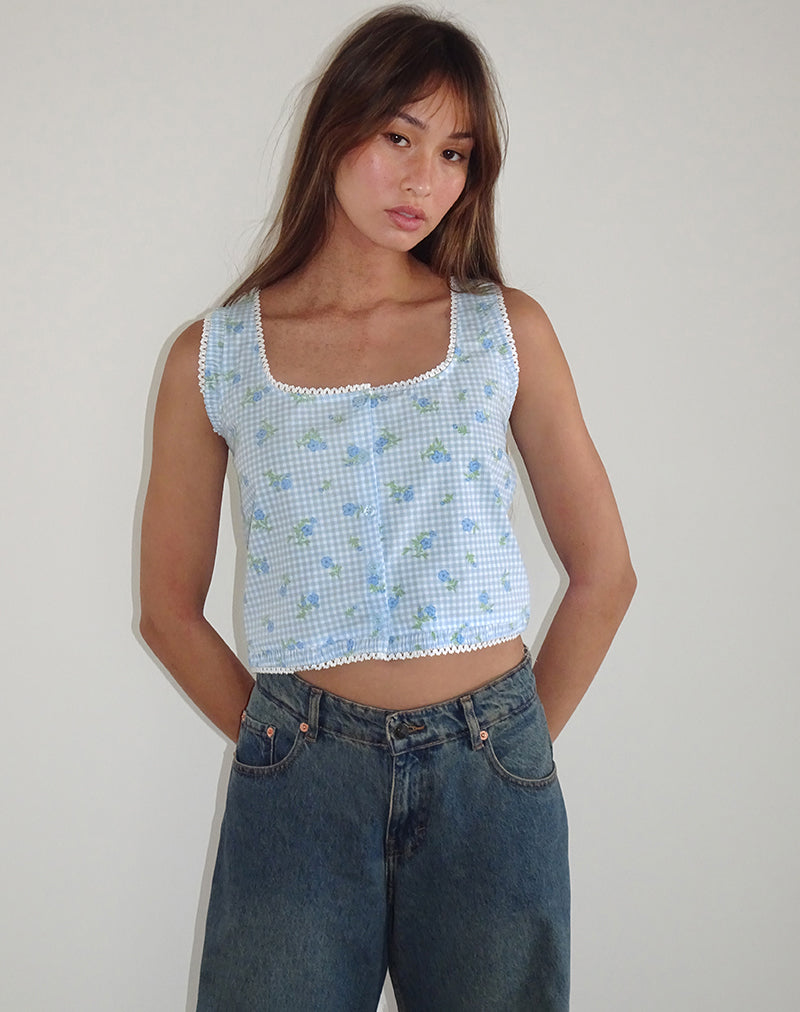 Ternya Top in Blauw Bloemruitje