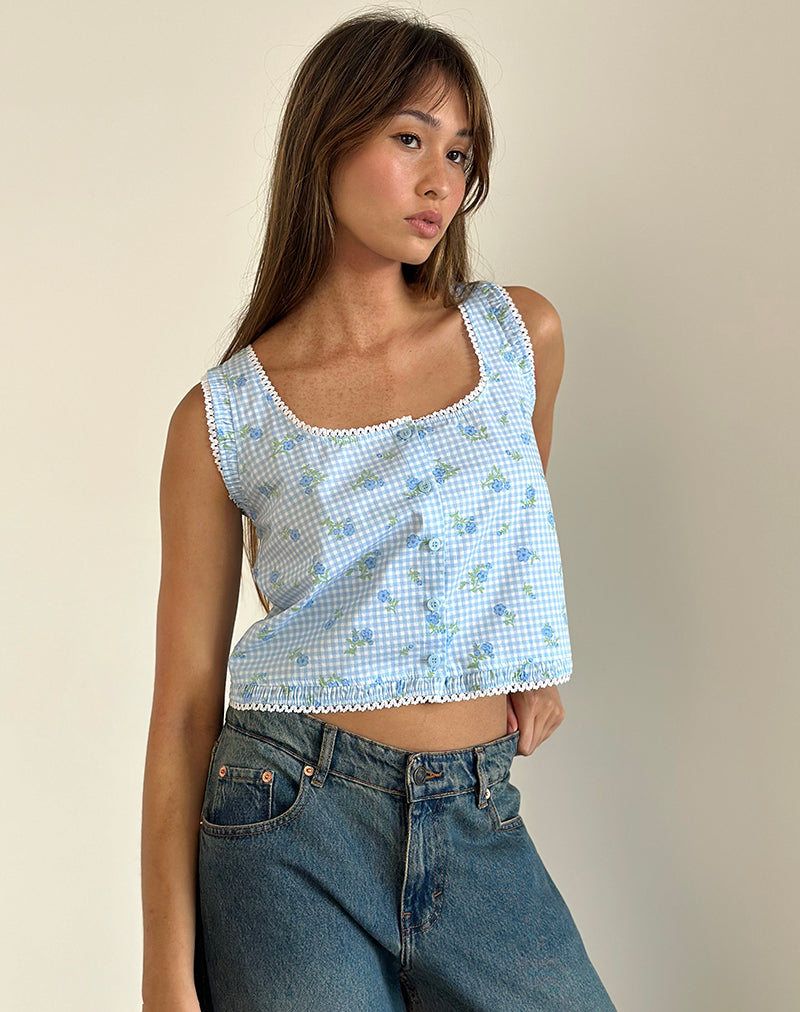 Afbeelding van Ternya Top in Blue Flower Gingham