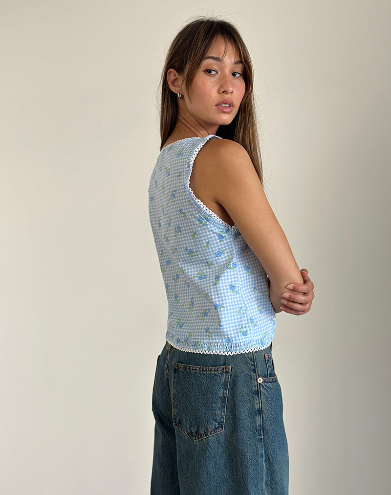 Afbeelding van Ternya Top in Blue Flower Gingham