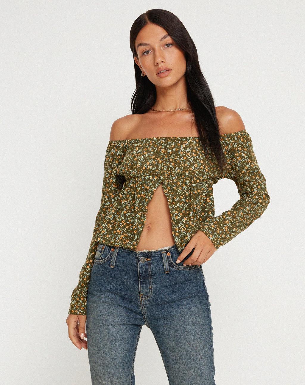 Thena Lange Mouw Top in Grungey Bloemig Khaki