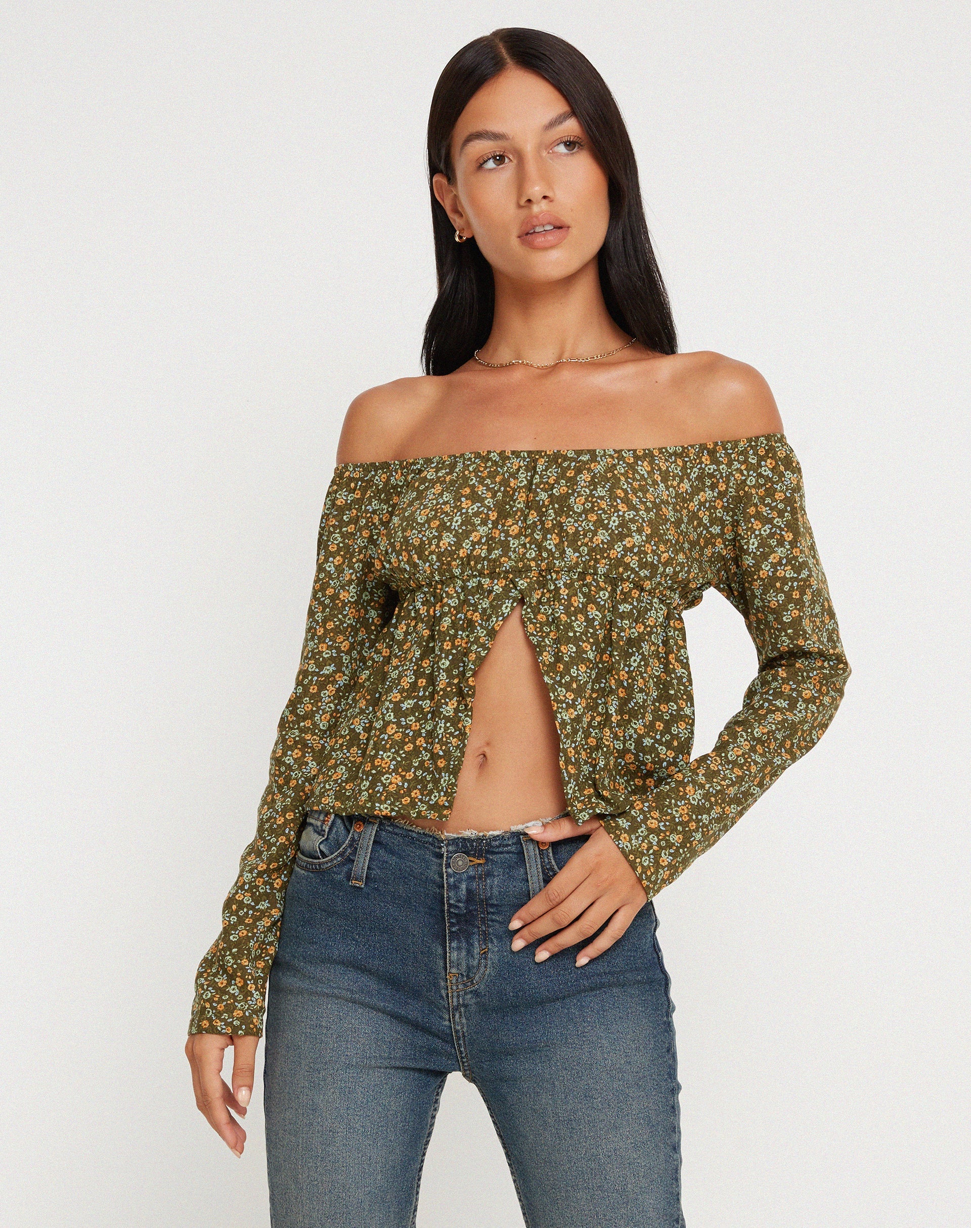 beeld van THENA TOP GRUNGEY FLORAL KHAKI