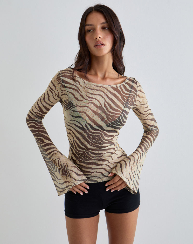 Afbeelding van Tineko Off Shoulder Lange Mouw Top in Wild Animal Neutral