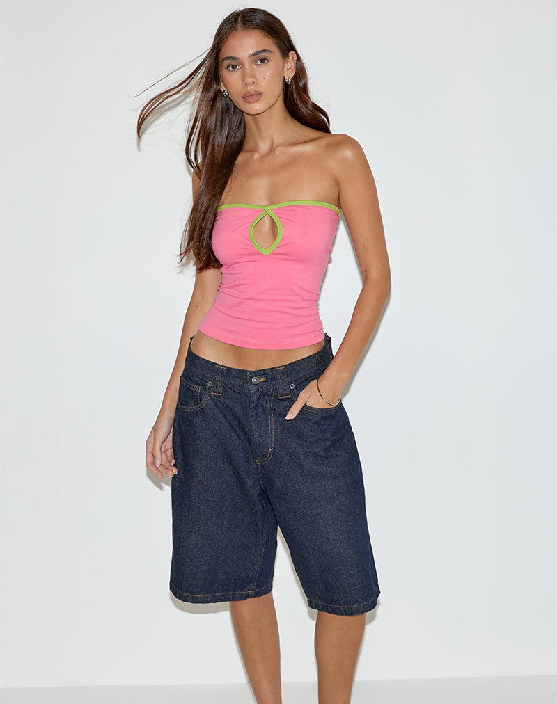 Tiria Cutout Bandeau Top in Bubble Gum met Leaf Green Binding