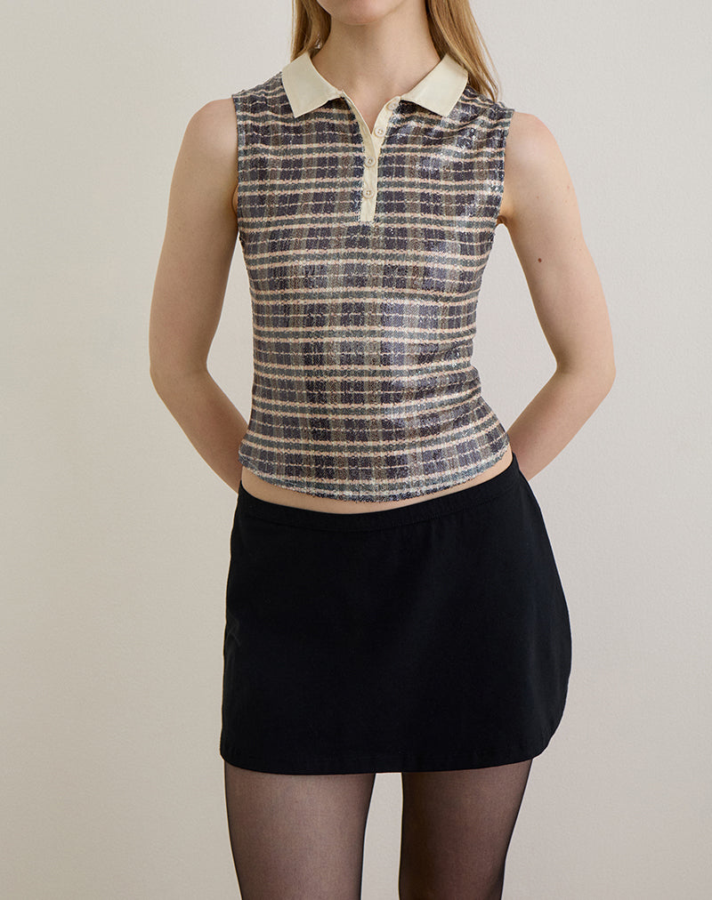 Afbeelding van Tisuka Polo Top in lovertjes Vintage ruit Bruin