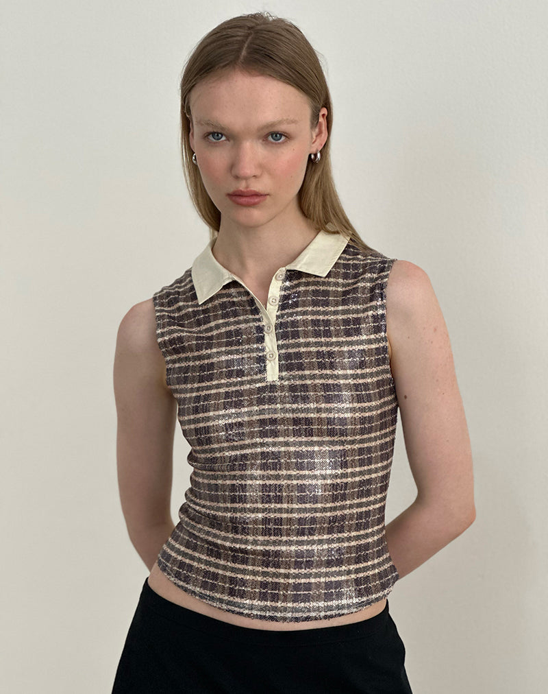 Afbeelding van Tisuka Polo Top in lovertjes Vintage ruit Bruin