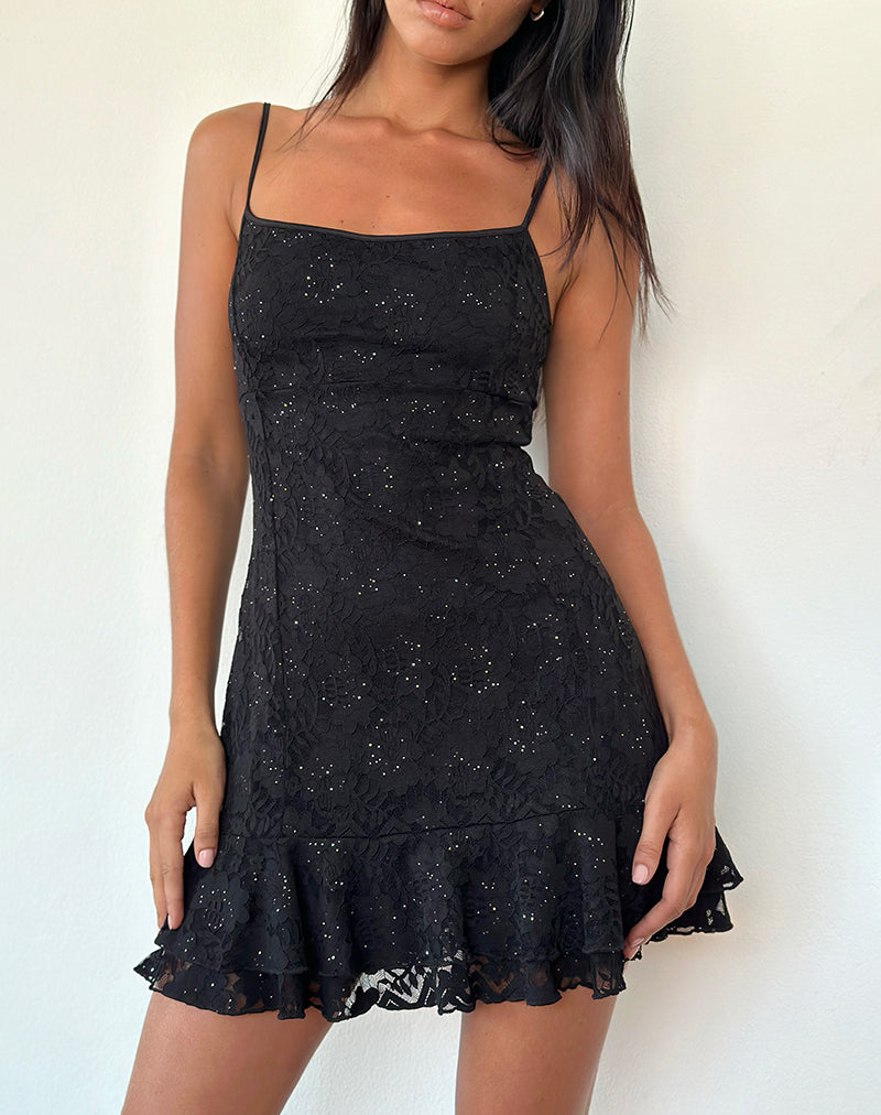 Afbeelding van Tita Mini Dress in Zwart Pailletten Kant