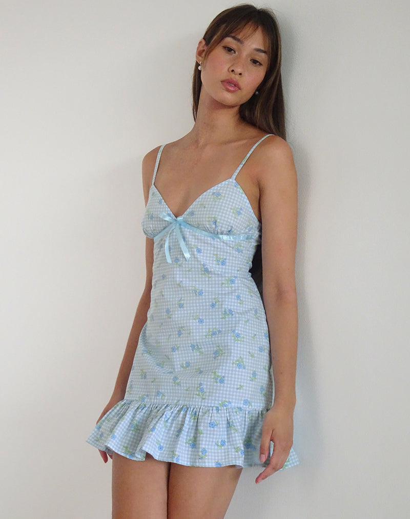Tivata Mini Jurk in Blauw Bloem Gingham