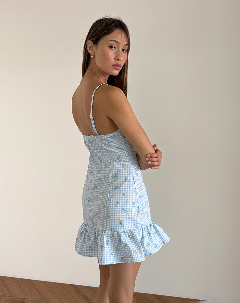 Afbeelding van Tivata Mini Dress in Blue Flower Gingham