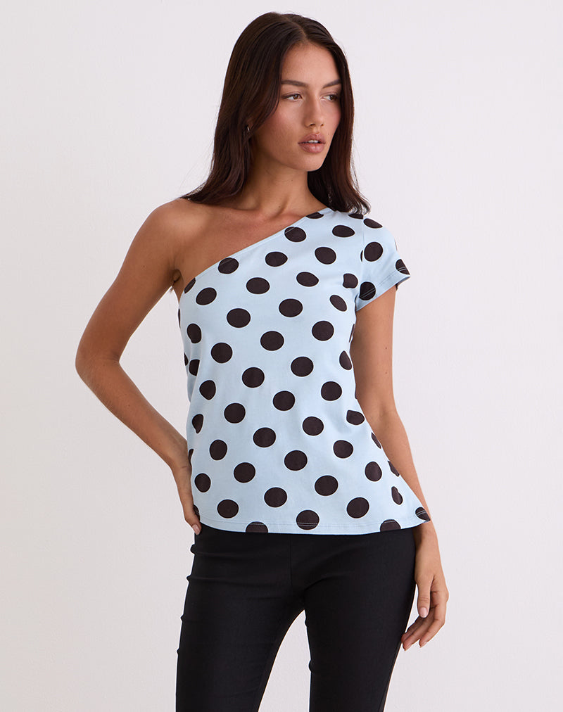 Afbeelding van Tokiwa Asymmetrisch Schoudertruitje in Groot Polka Blauw Bruin