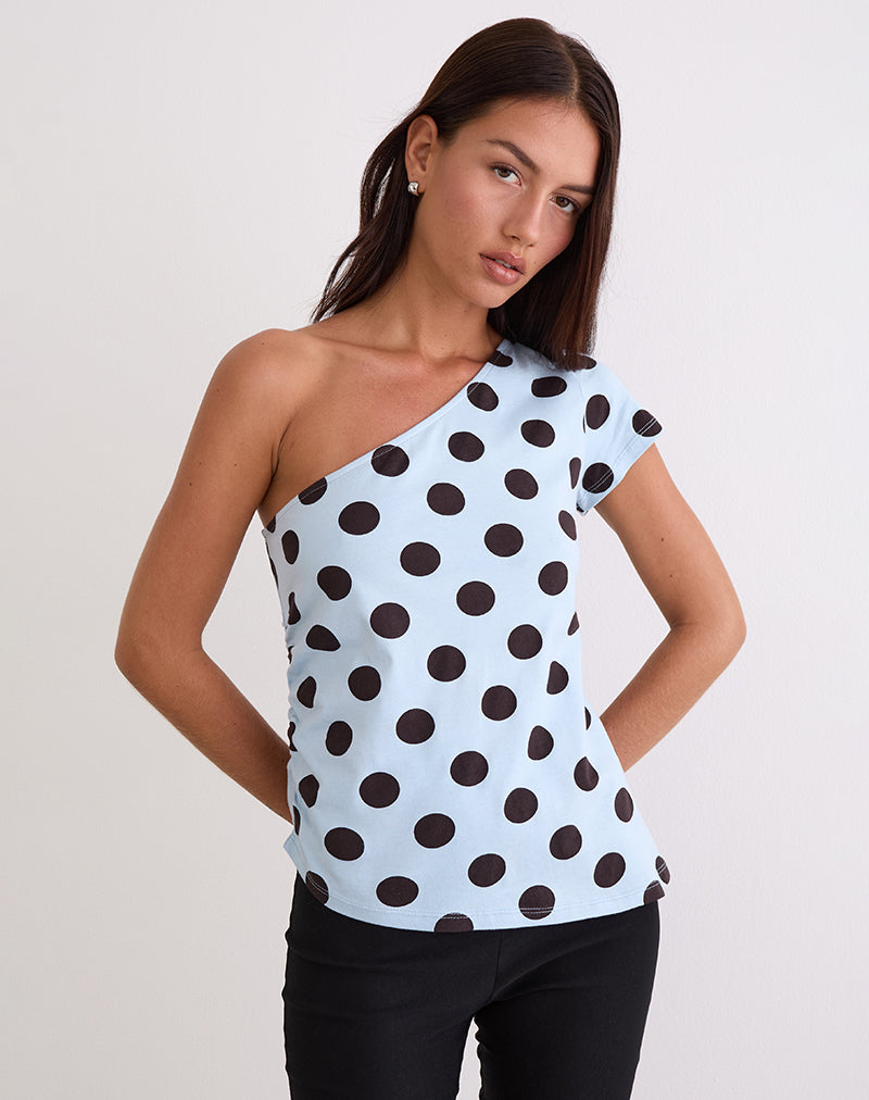 Afbeelding van Tokiwa Asymmetrisch Schoudertruitje in Groot Polka Blauw Bruin