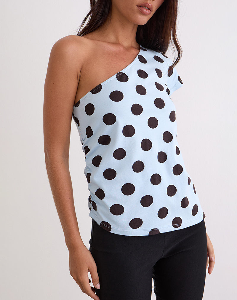 Afbeelding van Tokiwa Asymmetrisch Schoudertruitje in Groot Polka Blauw Bruin