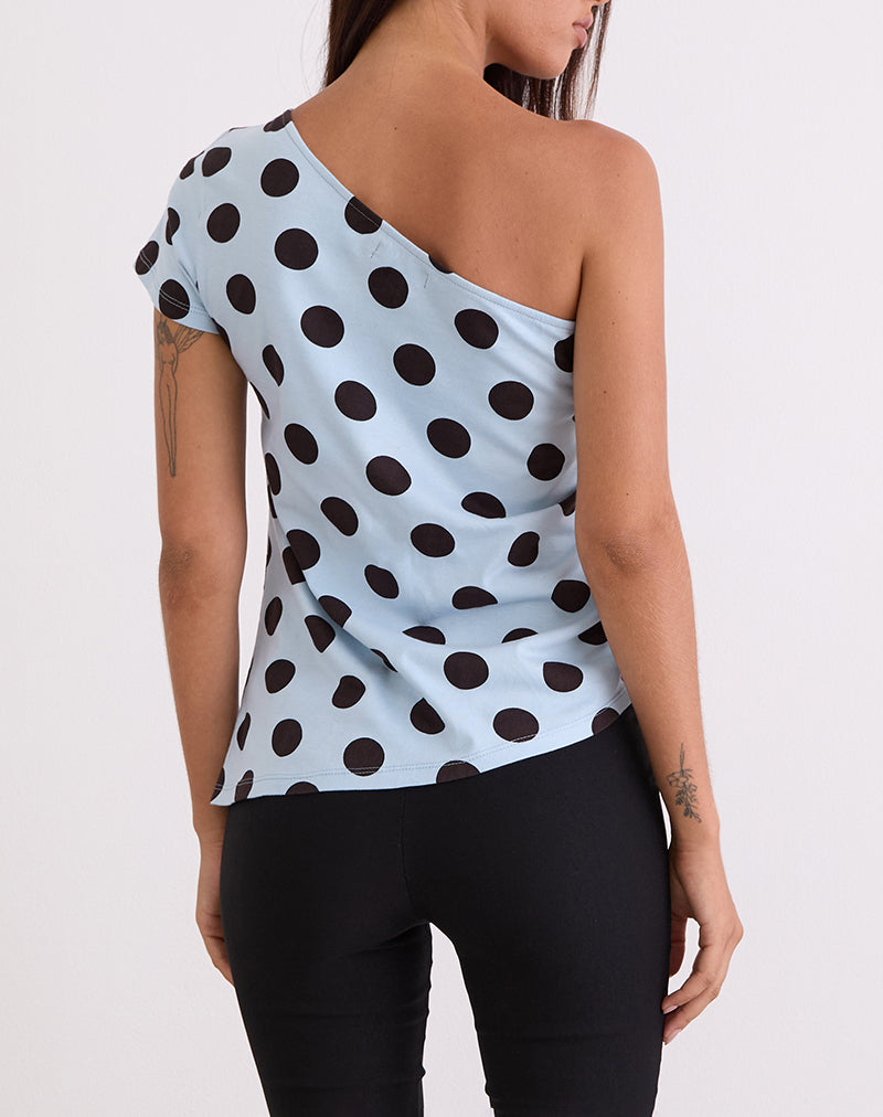 Afbeelding van Tokiwa Asymmetrisch Schoudertruitje in Groot Polka Blauw Bruin
