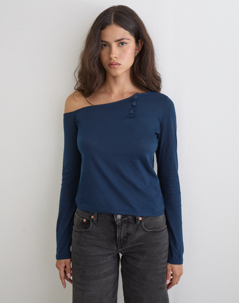 Tole asymmetrische blouse met knopen in tissue jersey donkerblauw