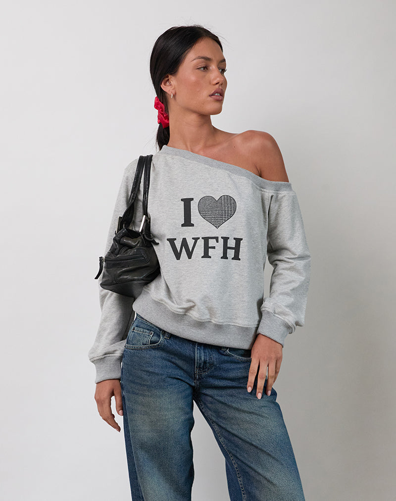 Toria Sweatshirt in grijs gemêleerd met I Love WFH-grafiek