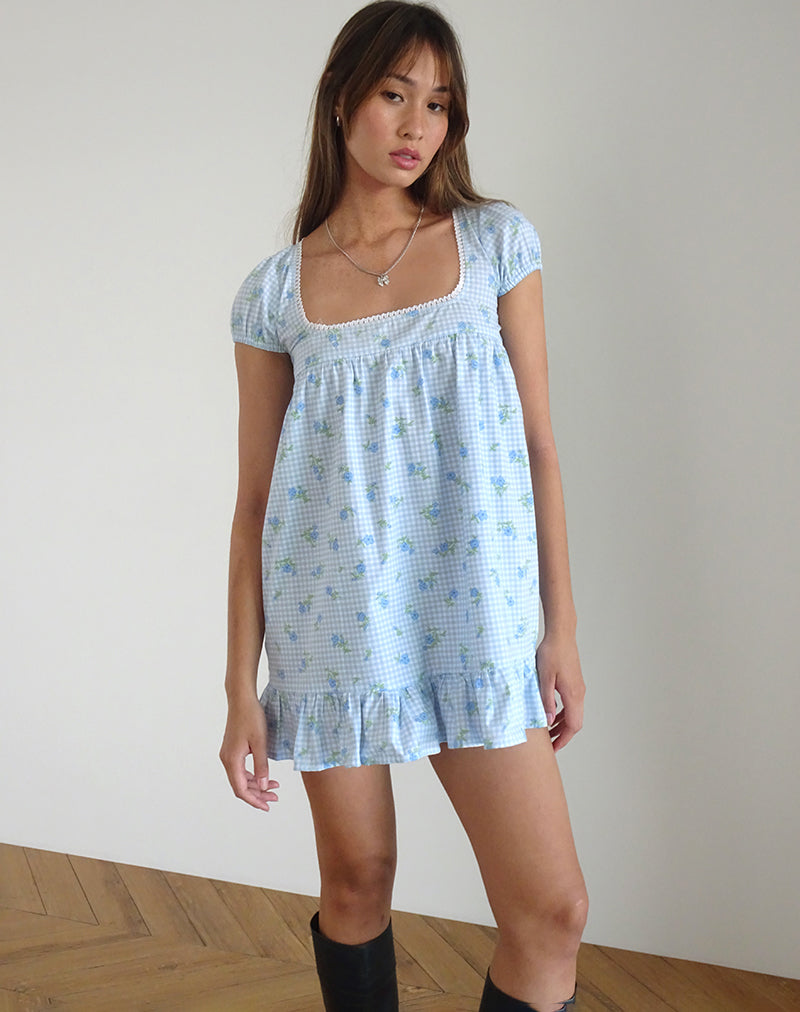 Mini jurk met biesje in blauw gebloemd Gingham